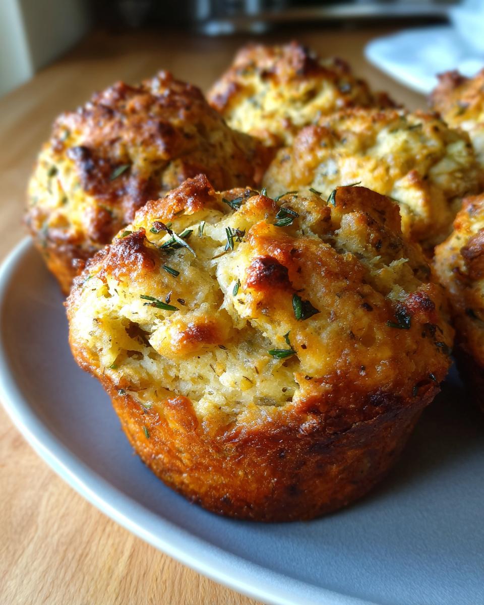 Close-up of a golden-brown Thanksgiving Stuffing Muffin, sprinkled with herbs, on a plate.
