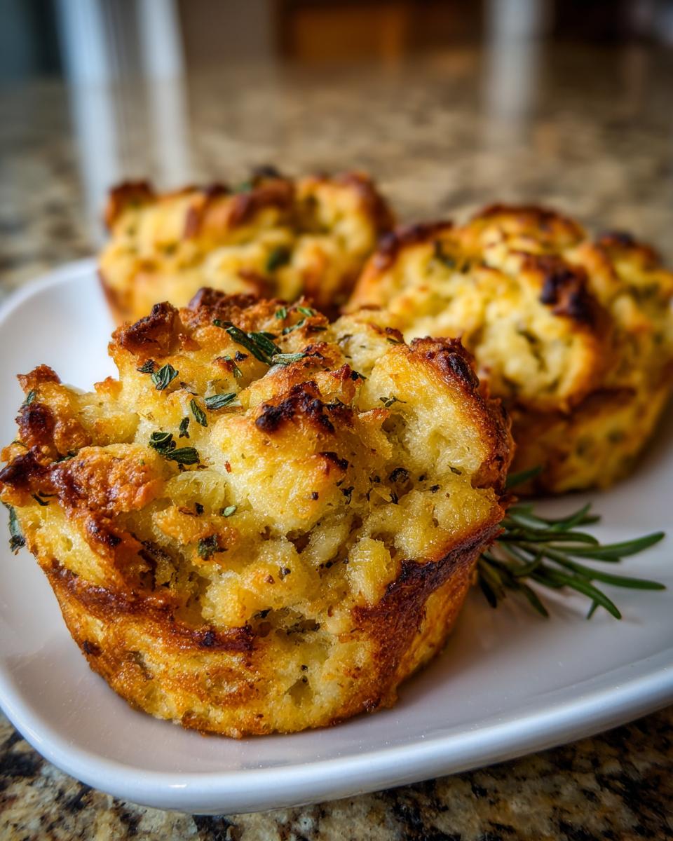 Close-up of three golden-brown Thanksgiving Stuffing Muffins on a white plate, garnished with fresh rosemary.