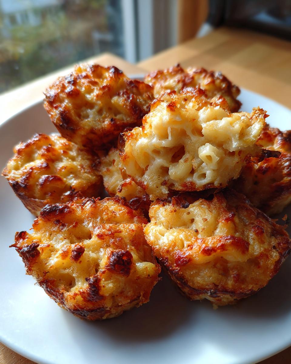 Golden brown Truffle Mac and Cheese Bites for Parties, baked in muffin tins, showing cheesy pasta.