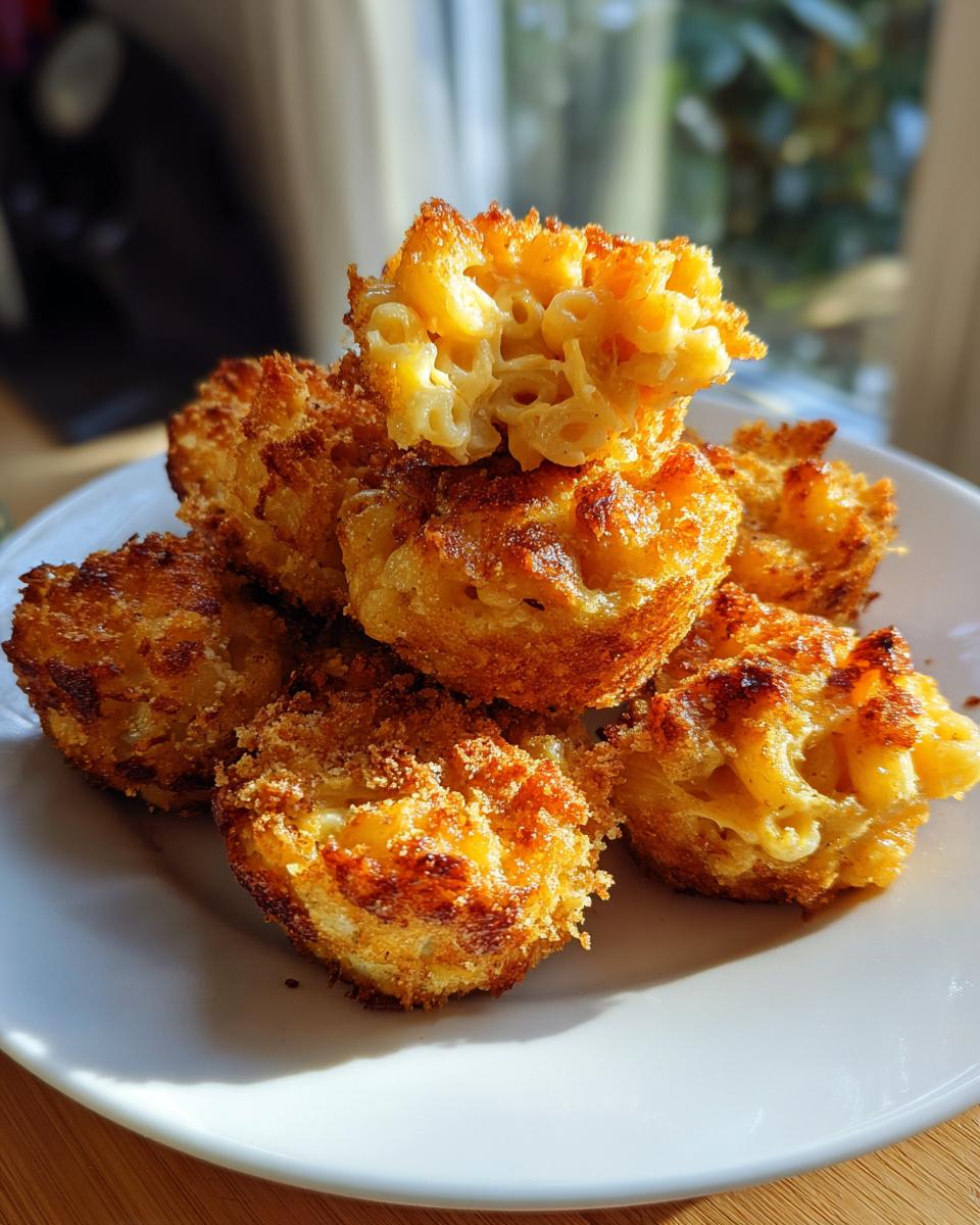 Golden brown Truffle Mac and Cheese Bites stacked on a white plate, perfect for parties.