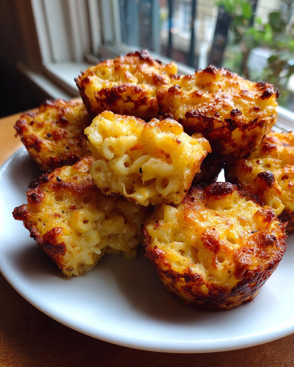 Golden brown Truffle Mac and Cheese Bites for Parties stacked on a white plate, with one bite broken open.