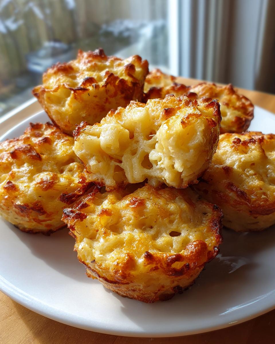 Golden-brown Truffle Mac and Cheese Bites stacked on a white plate, one bite cut open to show creamy pasta.