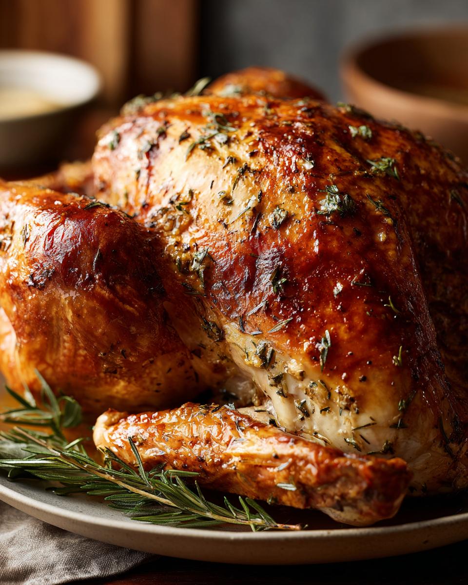 A close-up of a golden-brown, roasted Ultimate Thanksgiving Turkey with Garlic Herb Butter, garnished with fresh rosemary.
