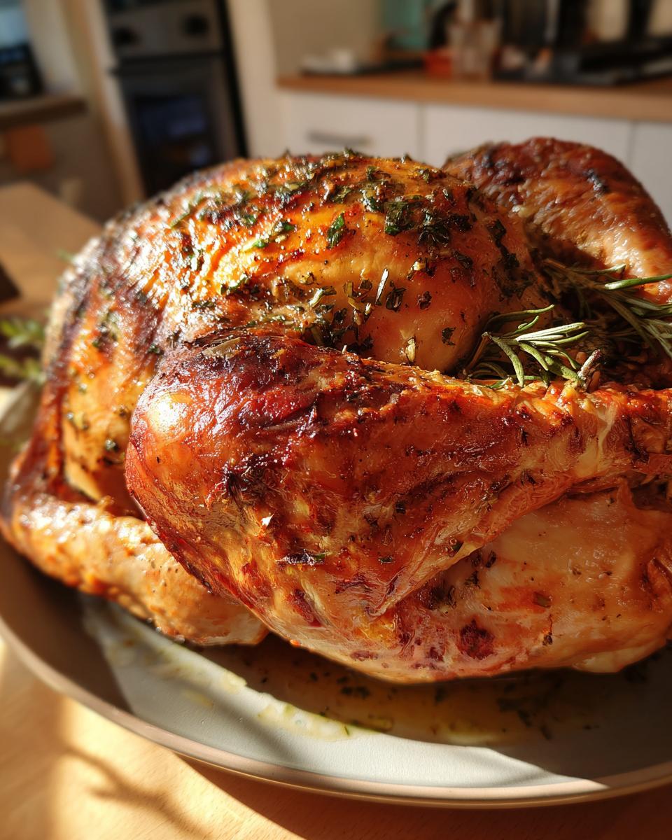 A golden-brown, roasted Ultimate Thanksgiving Turkey with Garlic Herb Butter, garnished with fresh rosemary.