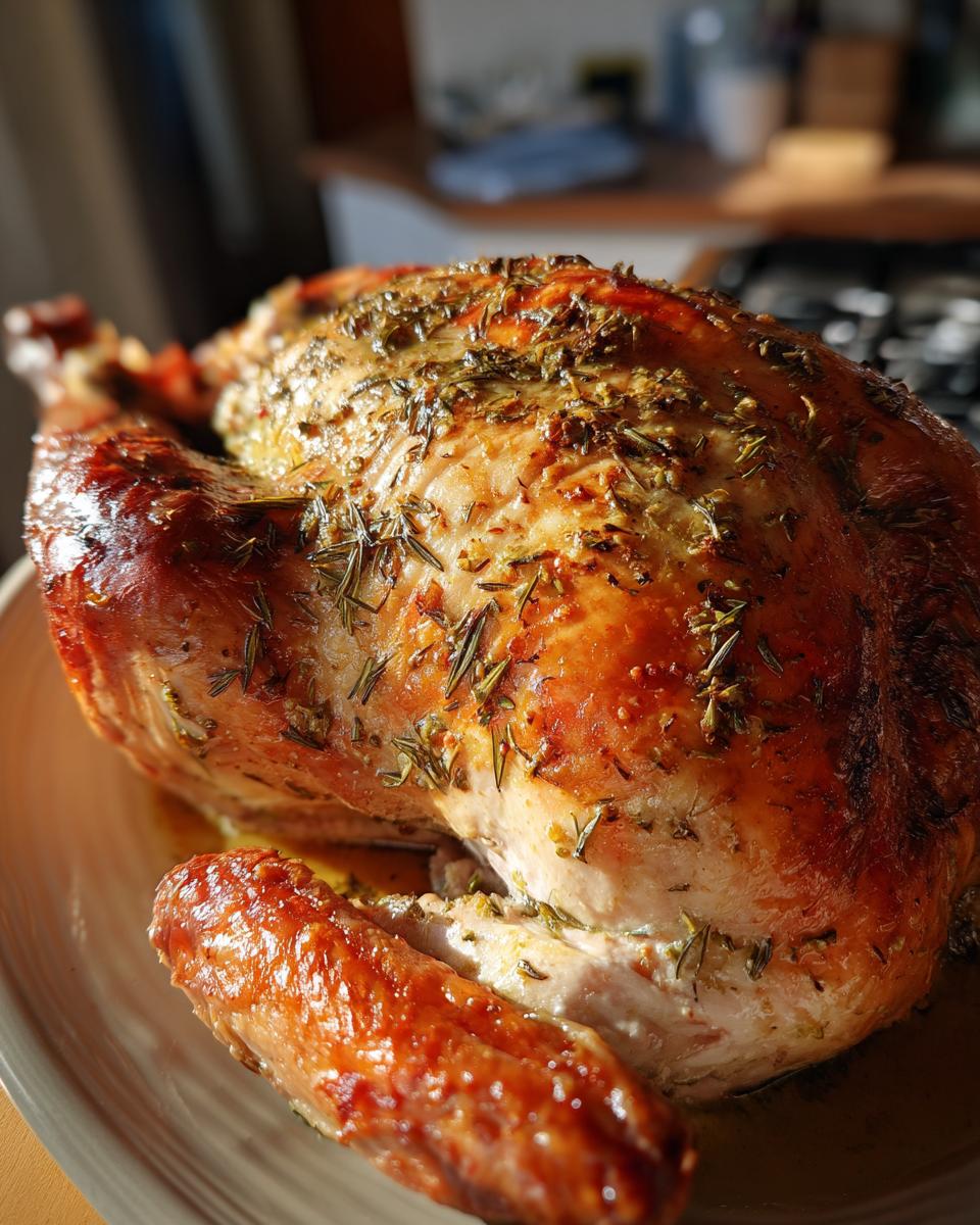 A golden-brown, roasted Ultimate Thanksgiving Turkey, glistening with garlic herb butter and herbs.