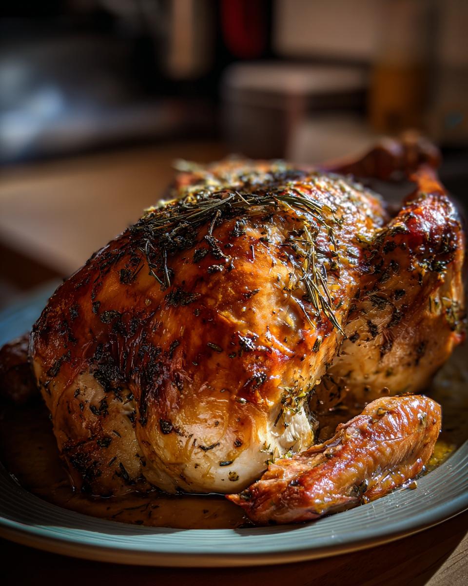 A golden-brown, roasted Ultimate Thanksgiving Turkey coated in garlic herb butter and fresh rosemary.