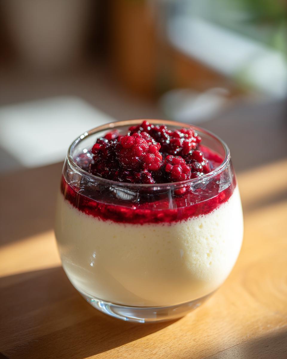 A close-up of a glass of Vanilla Bean Panna Cotta topped with vibrant berry compote.