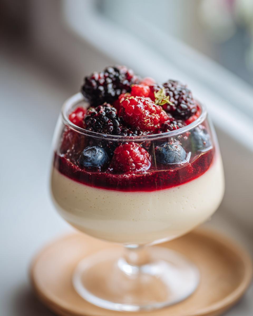 A serving of Vanilla Bean Panna Cotta topped with vibrant berry compote and fresh mixed berries.