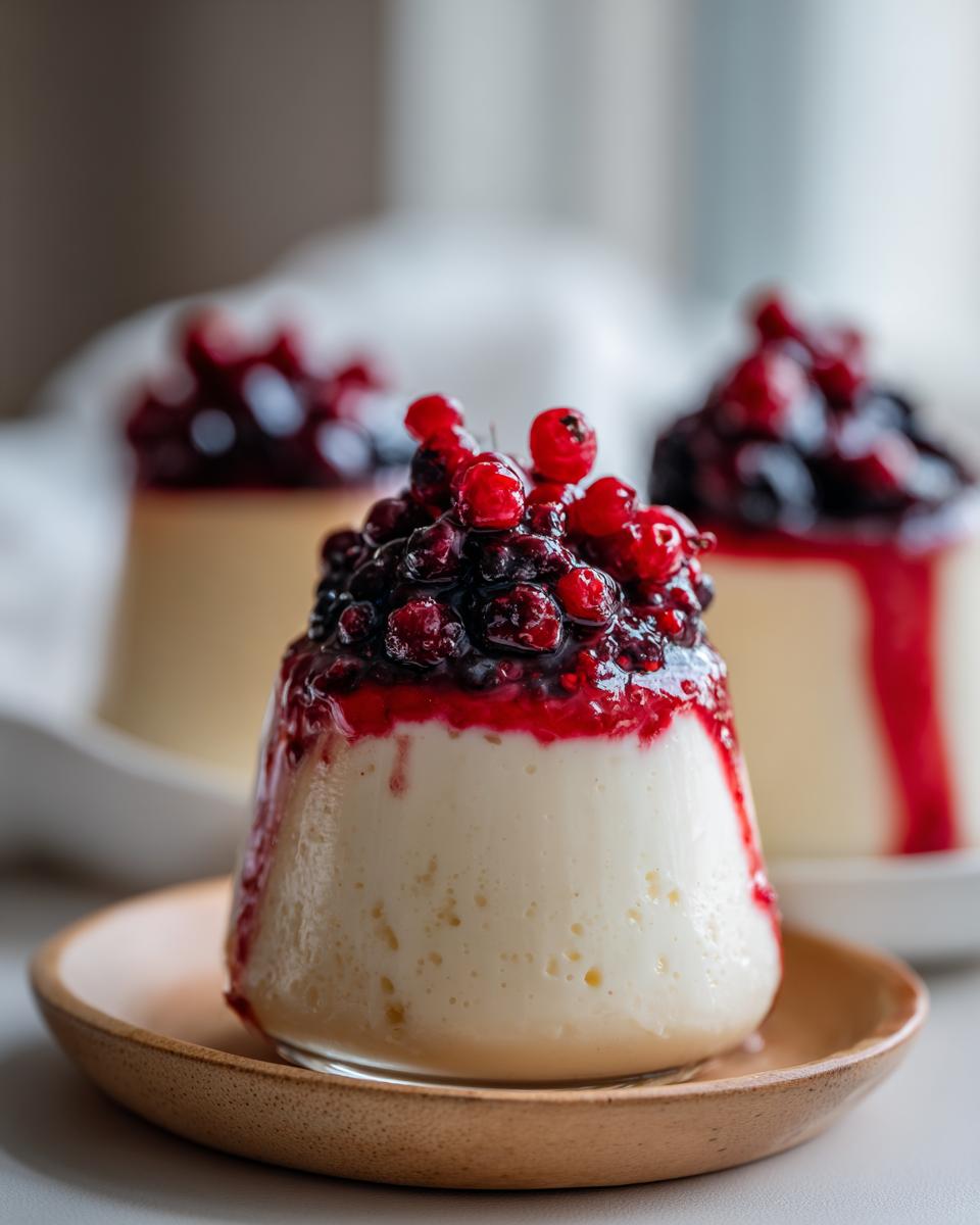 Close-up of a creamy Vanilla Bean Panna Cotta topped with a vibrant berry compote and drizzled with berry sauce.
