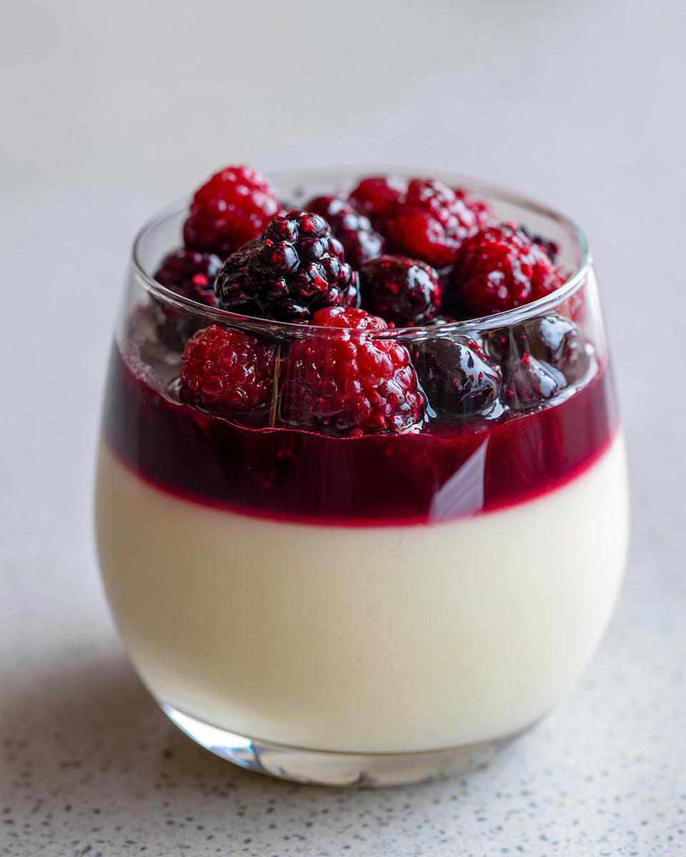 A close-up of Vanilla Bean Panna Cotta topped with a vibrant berry compote and fresh berries.
