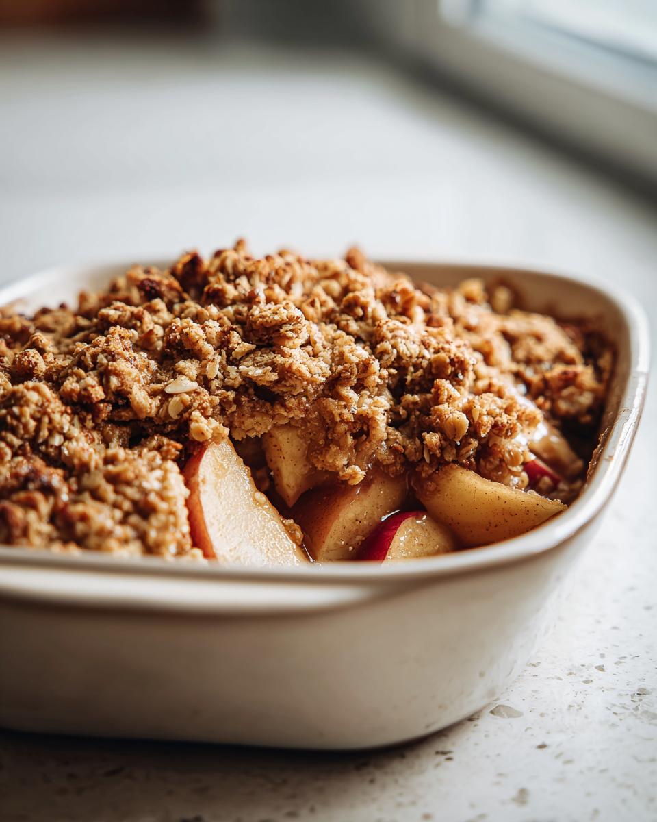 Close-up of a Warm Apple Crisp with a golden oat crumble topping in a baking dish.