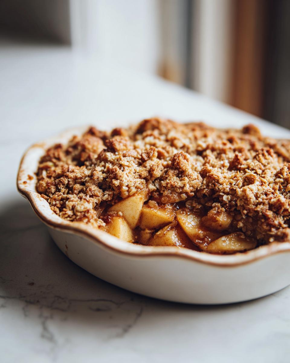 Close-up of a warm apple crisp with a golden oat crumble topping in a white baking dish.
