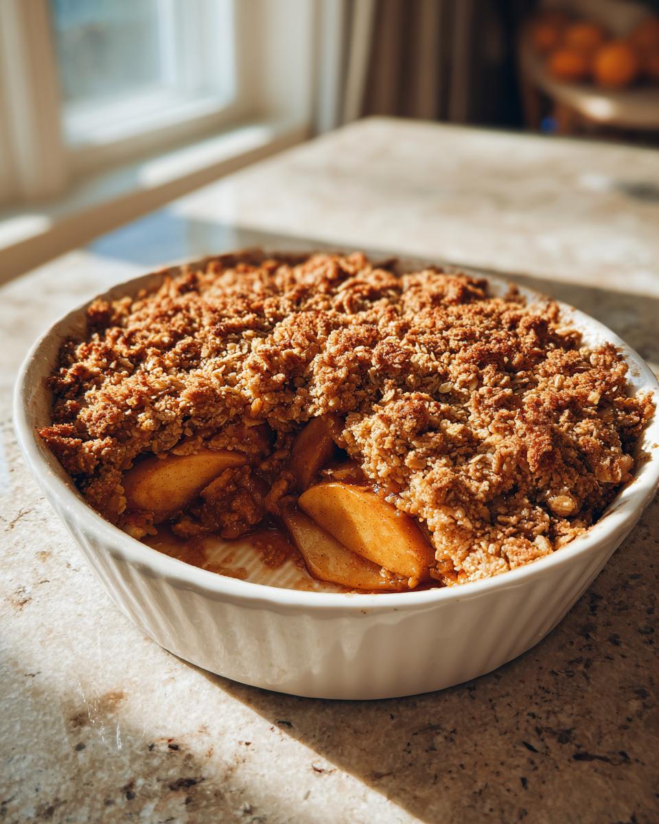 Close-up of a warm apple crisp with a golden oat crumble topping in a white baking dish.