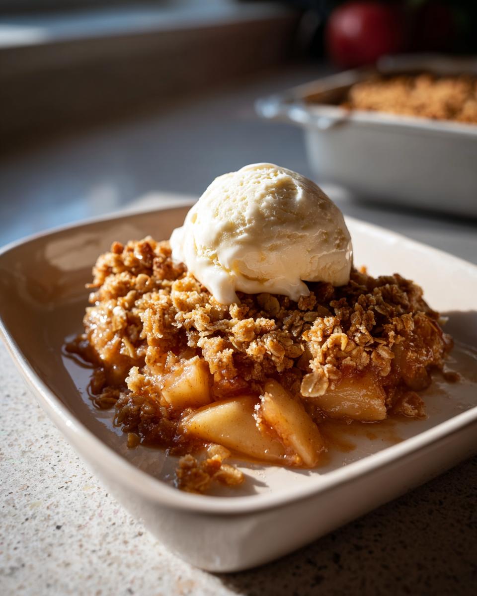 A serving of warm apple crisp with oat crumble topping, topped with a scoop of vanilla ice cream.