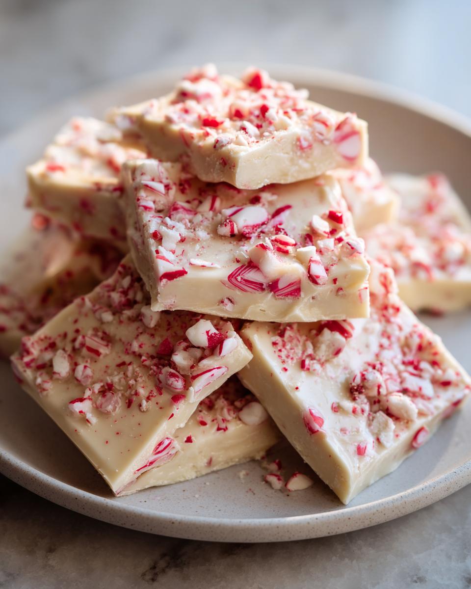A stack of white chocolate peppermint bark pieces topped with crushed candy canes.