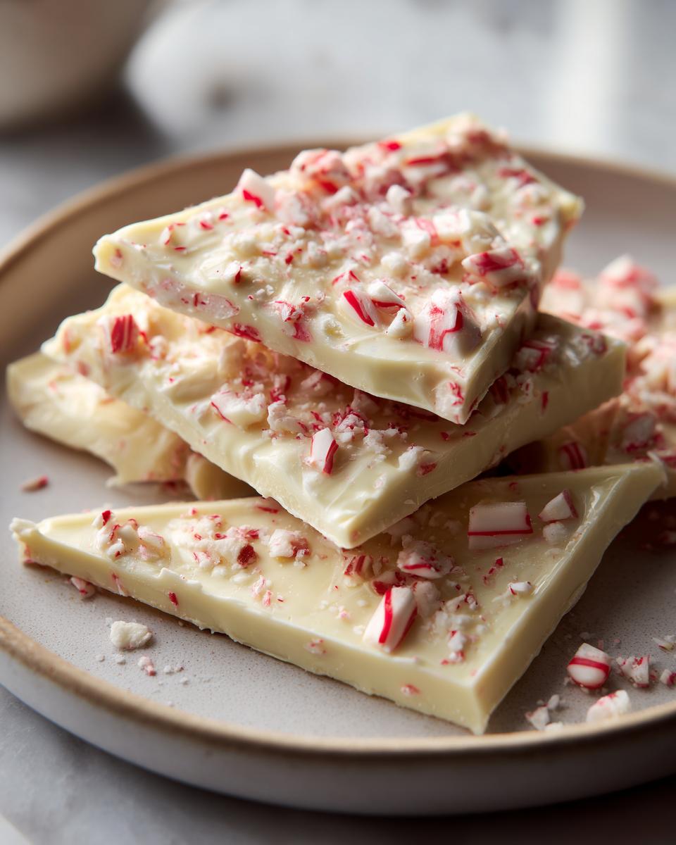 A stack of broken pieces of White Chocolate Peppermint Bark, topped with crushed candy canes.