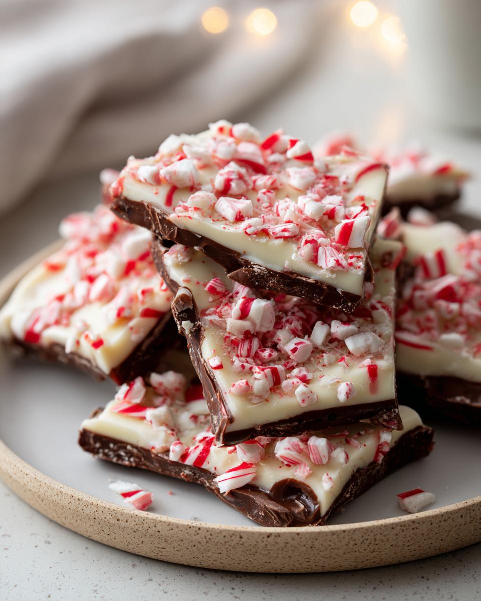 A stack of White Chocolate Peppermint Bark pieces, generously topped with crushed candy canes.